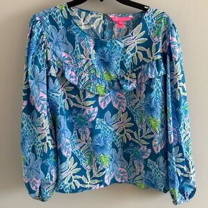 Lilly Pulitzer Blue Bell Sleeve Blouse XL Multicolor Ruffle Cotton Top Summer